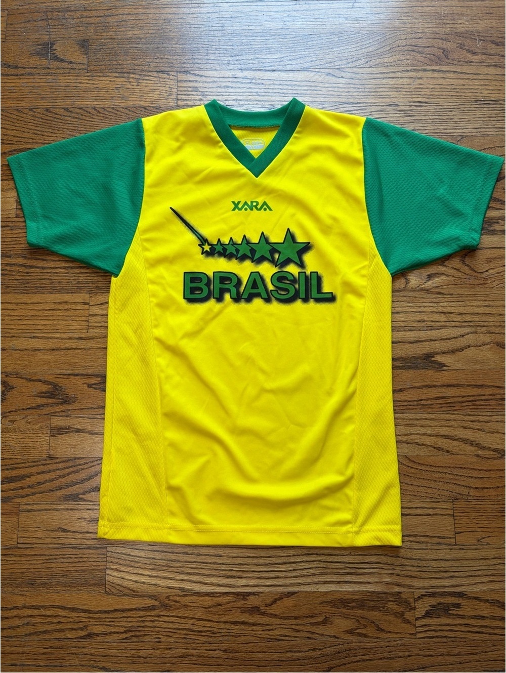 Retro Youth Xara Brasil Soccer Jersey - Yellow & Green V-Neck - L